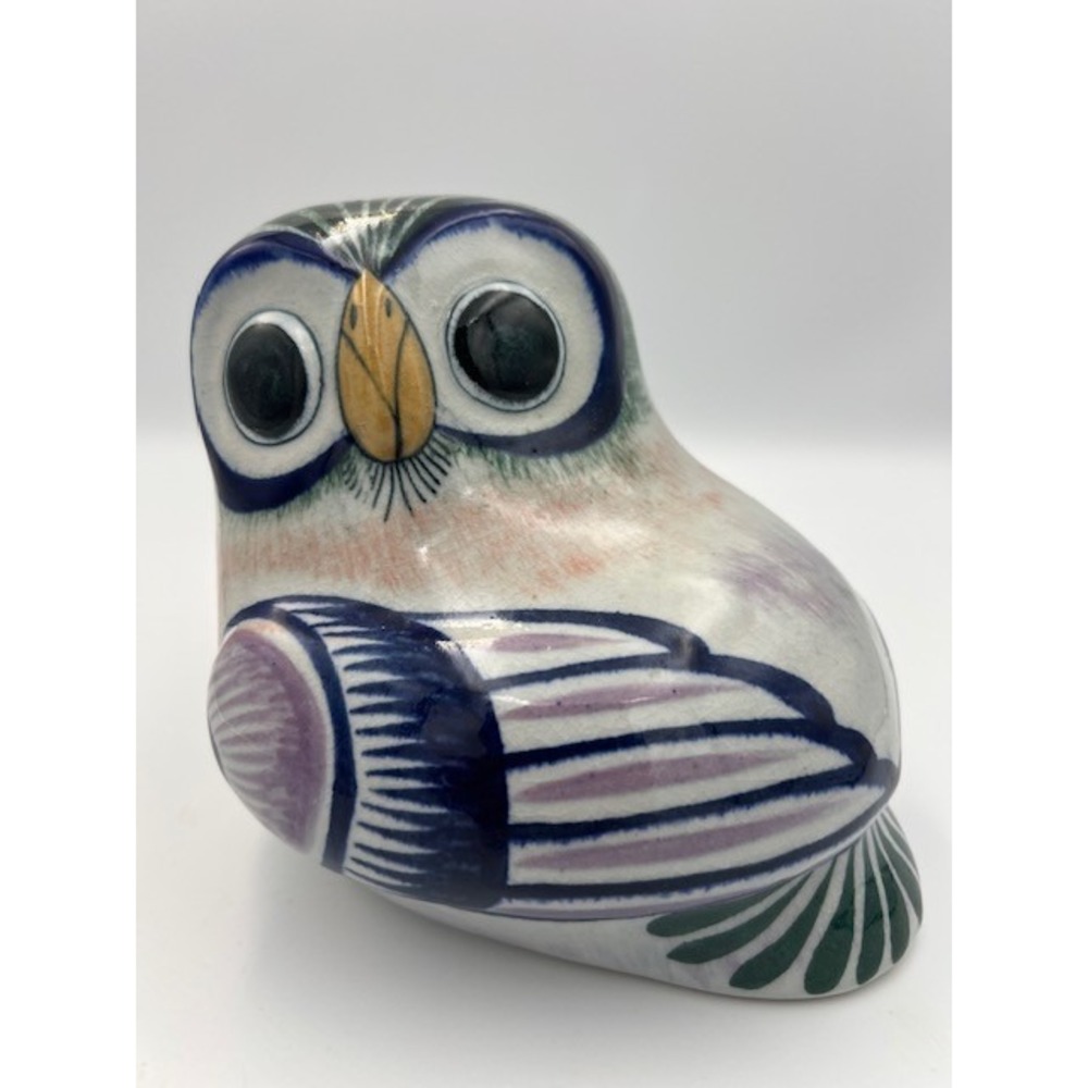 Erandi Tonala Mexican Pottery Owl Figurine Hand Painted Blue Purple Bird 7" VTG